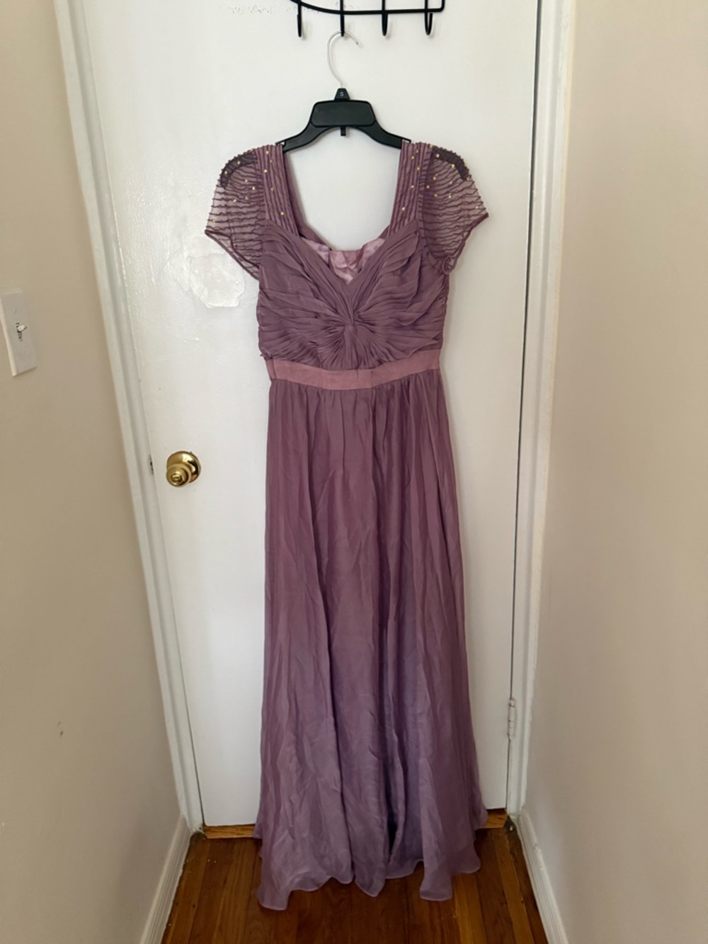 Adrianna Papell Mauve Ruched Chiffon Maxi Dress with Beaded Cap Sleeves